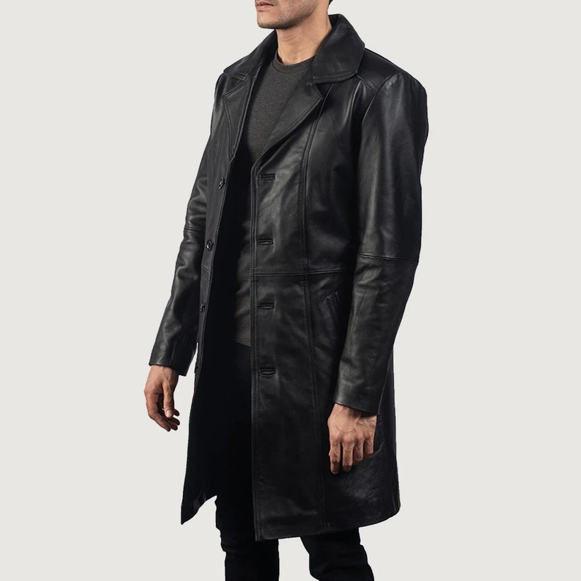 Don Long Sort Leather Coat til Mænd