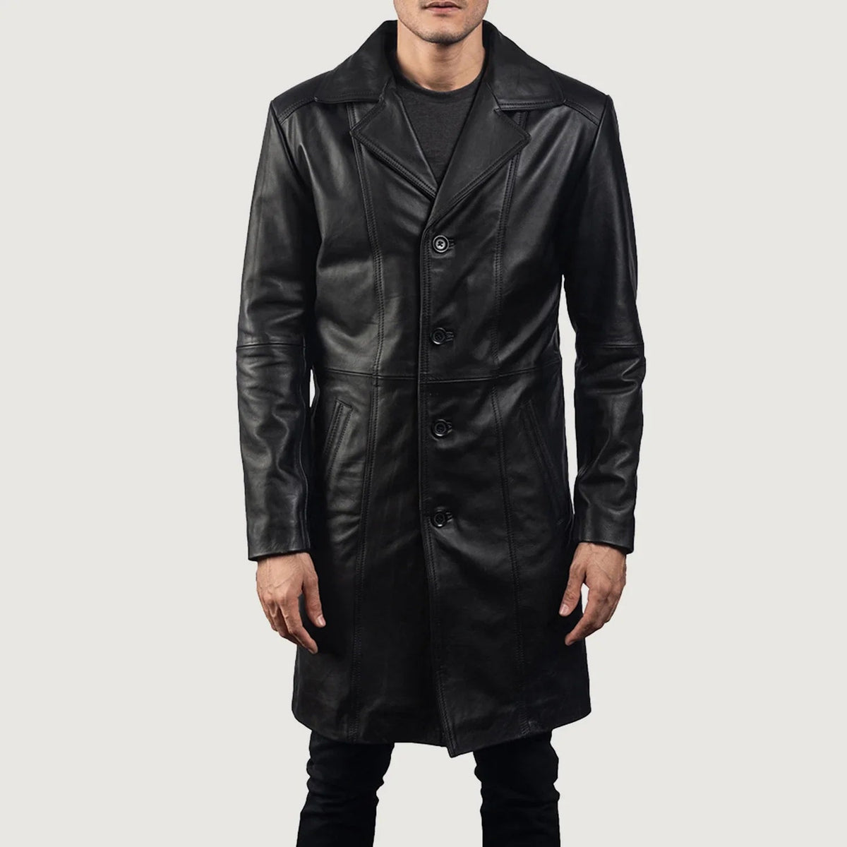 Men's Don Long Sort Leather Coat til Mænd - Lateral Side Profile View Showing Sleeve Cut &amp; Athletic Taper Fit
