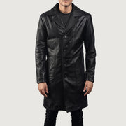 Men's Don Long Sort Leather Coat til Mænd - Lateral Side Profile View Showing Sleeve Cut &amp; Athletic Taper Fit