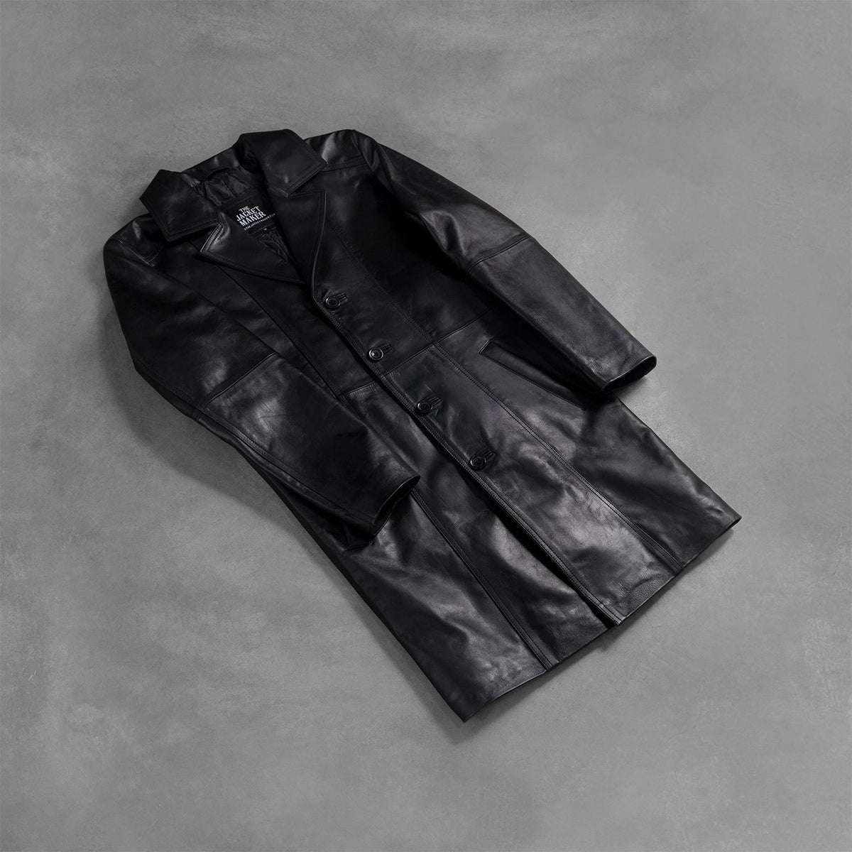 Open hem &amp; Hem Craftsmanship Construction Detail on Men's Don Long Sort Leather Coat til Mænd