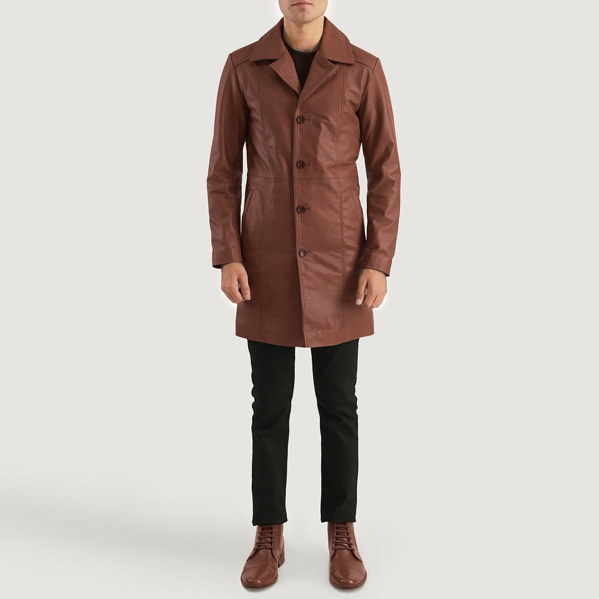 Don Long Brun Leather Coat til Mænd - Lateral Side Profile View Showing Sleeve Cut &amp; Athletic Taper Fit