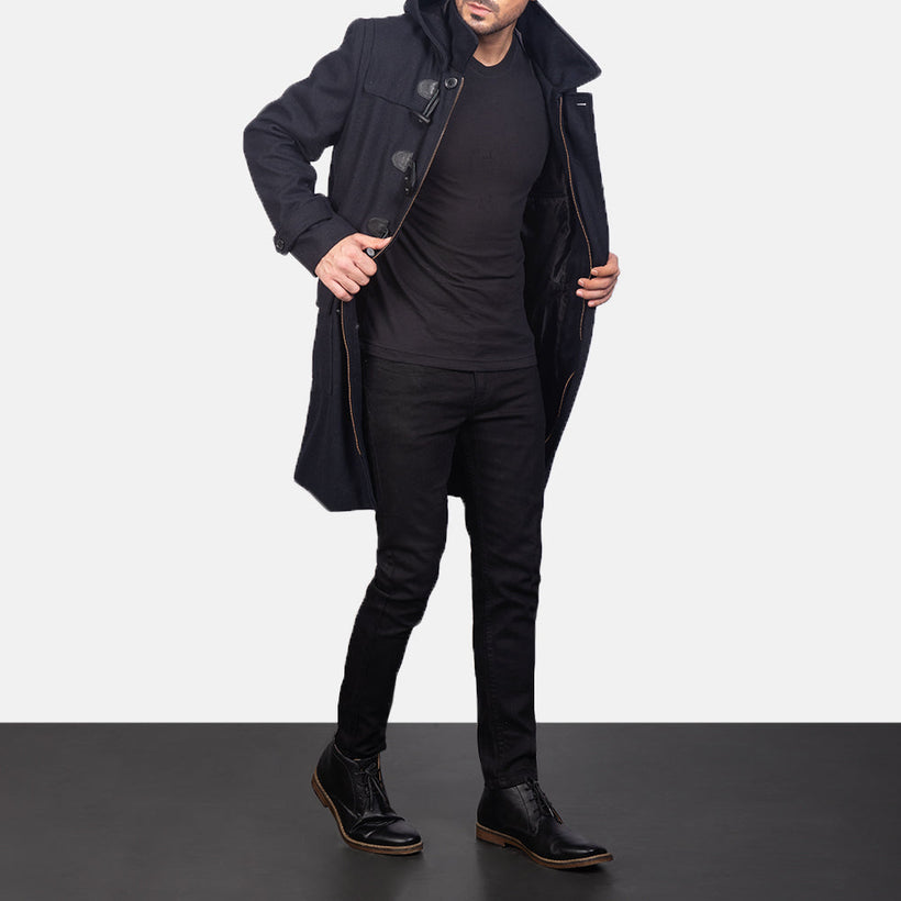 Drake Sort Wool Hooded Duffle Coat til Mænd
