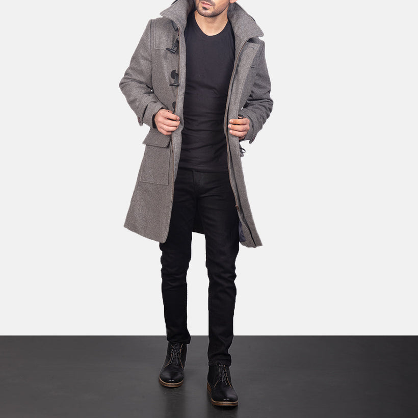 Drake Grey Wool Hooded Duffle Coat til Mænd