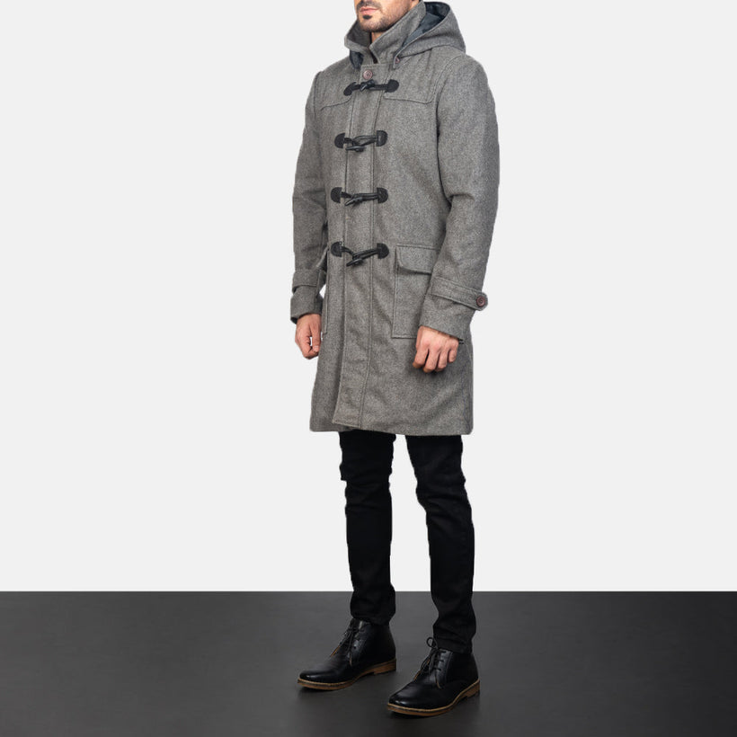 Drake Grey Wool Hooded Duffle Coat til Mænd