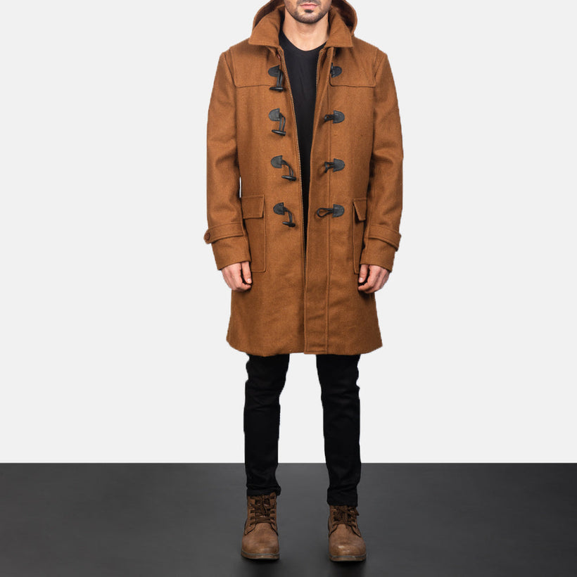Drake Khaki Wool Hooded Duffle Coat til Mænd