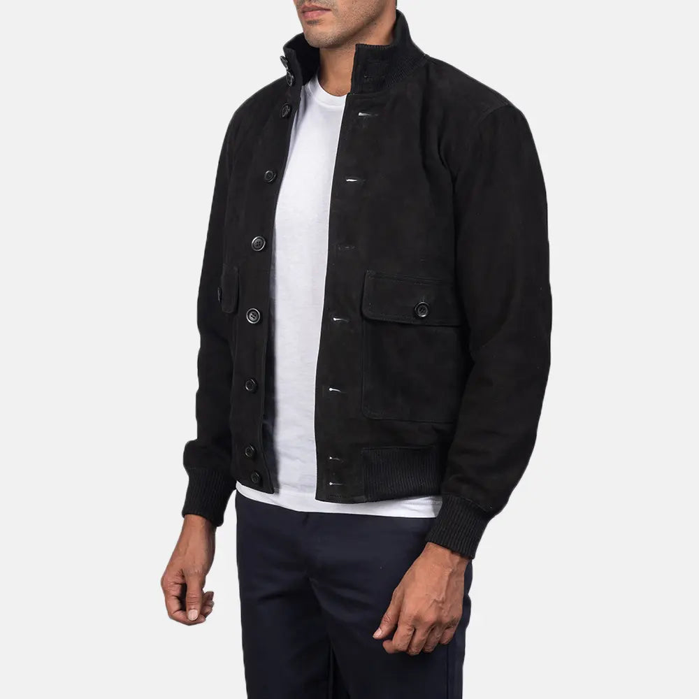 
Brown Goatskin Suede Bomber Jacket - Bagfra med tilpassede skuldre og ren kant
