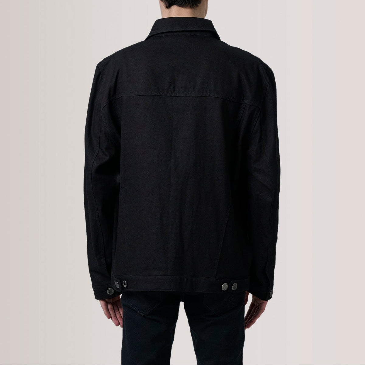 
Nærbillede of Classic Collar & Heavy-Duty Zipper Hardware on Eddie Sort Oversized Denim Trucker Læderjakke til Mænd For Men