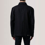 
Nærbillede of Classic Collar & Heavy-Duty Zipper Hardware on Eddie Sort Oversized Denim Trucker Læderjakke til Mænd For Men