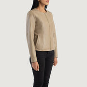 
Beige Sheepskin Leather Biker Jacket - Bagfra med tilpassede skuldre og ren kant