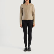 
Elixir Beige Collarless Leather Jacket - Sideprofil med ergonomisk ærmesnit