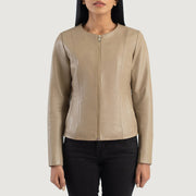 
Nærbillede of Collarless & Zipper Hardware on Elixir Beige Collarless Leather Jacket