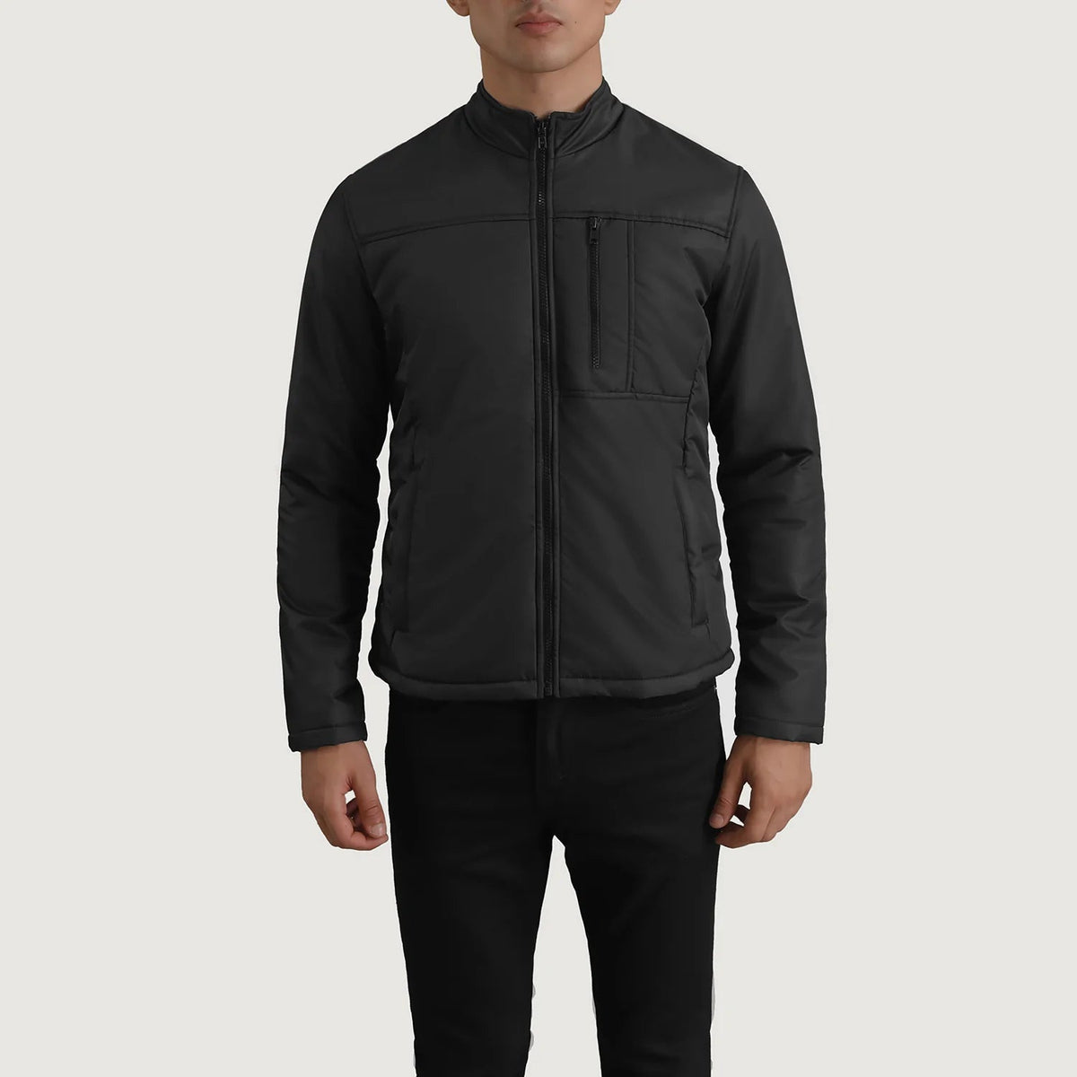 Close-Up Detail of Classic Collar &amp; Zipper Hardware on Elliot Sort Lightweight Læderjakke til Mænd