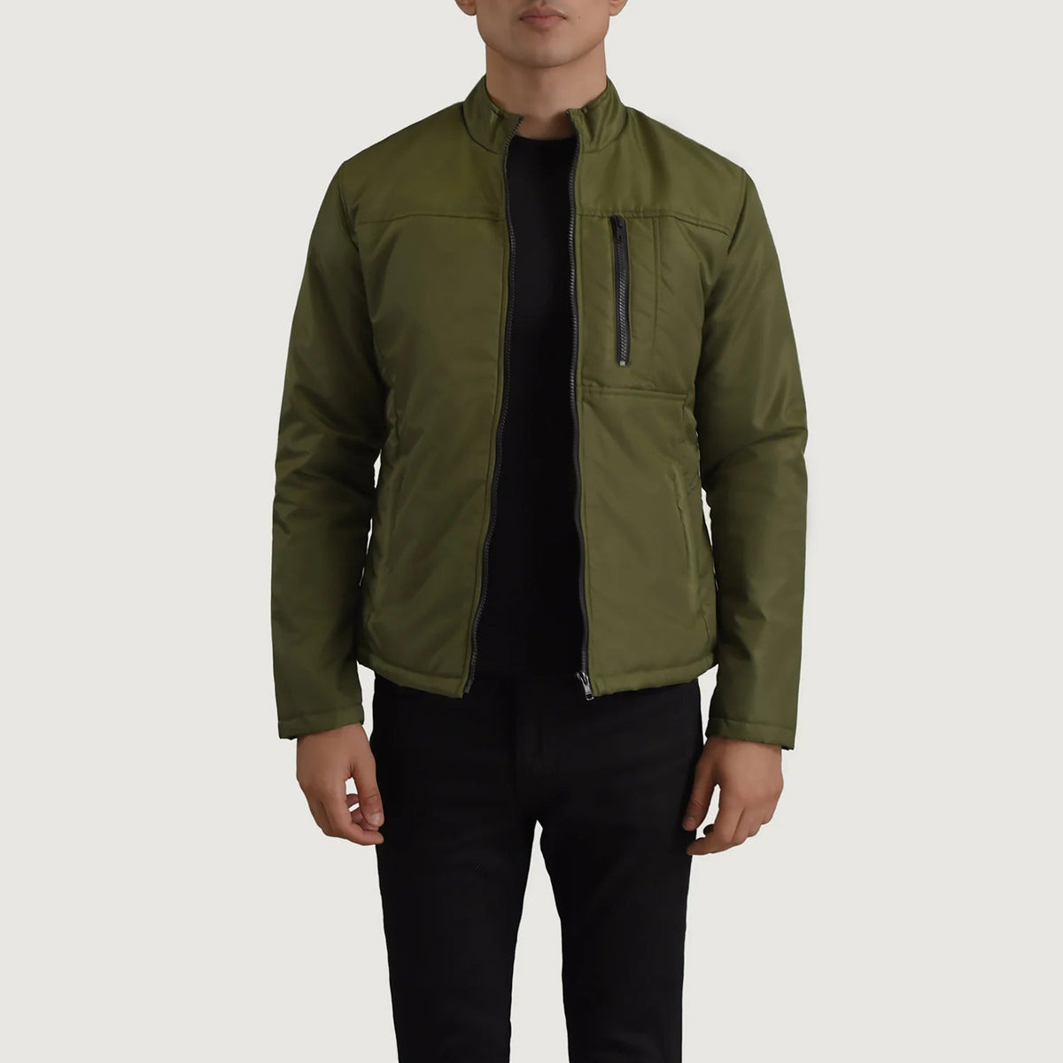 Elliot Green Lightweight Læderjakke til Mænd in Green Full-Grain Leather - Front Profile View &amp; Tailored Silhouette | Buy Online