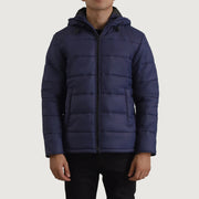Erico Blue Hooded Puffer Læderjakke til Mænd in Blue Full-Grain Leather - Front Profile View &amp; Tailored Silhouette | Buy Online