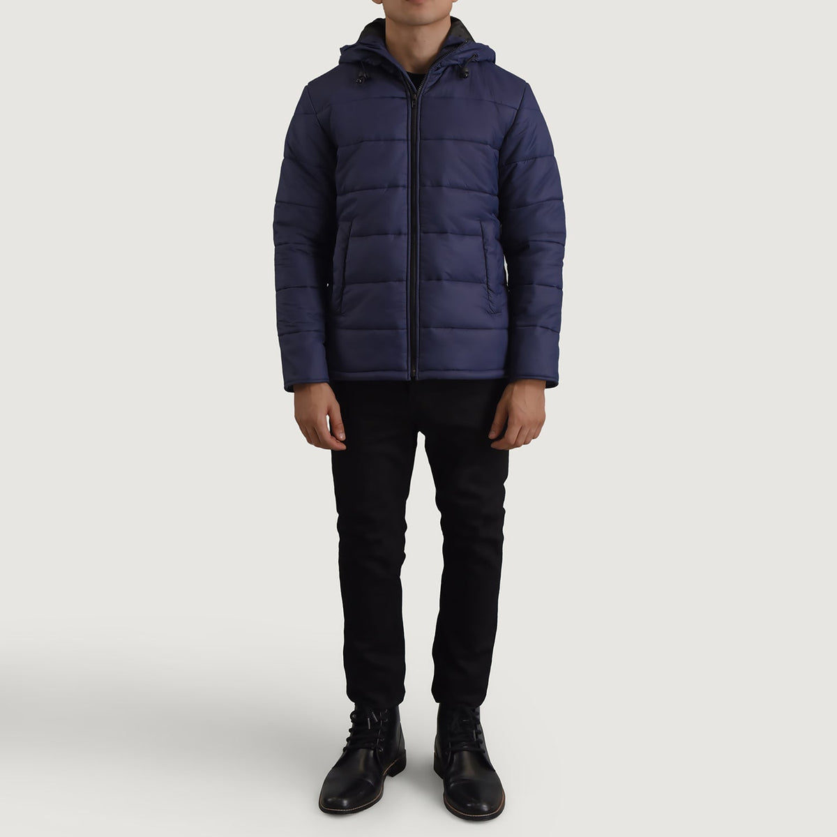 Erico Blue Hooded Puffer Læderjakke til Mænd - Lateral Side Profile View Showing Sleeve Cut &amp; Athletic Taper Fit