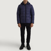 Erico Blue Hooded Puffer Læderjakke til Mænd - Lateral Side Profile View Showing Sleeve Cut &amp; Athletic Taper Fit