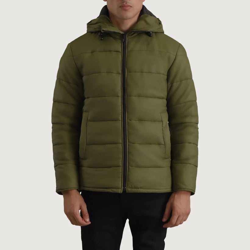 Erico Grøn Hooded Puffer Læderjakke til Mænd