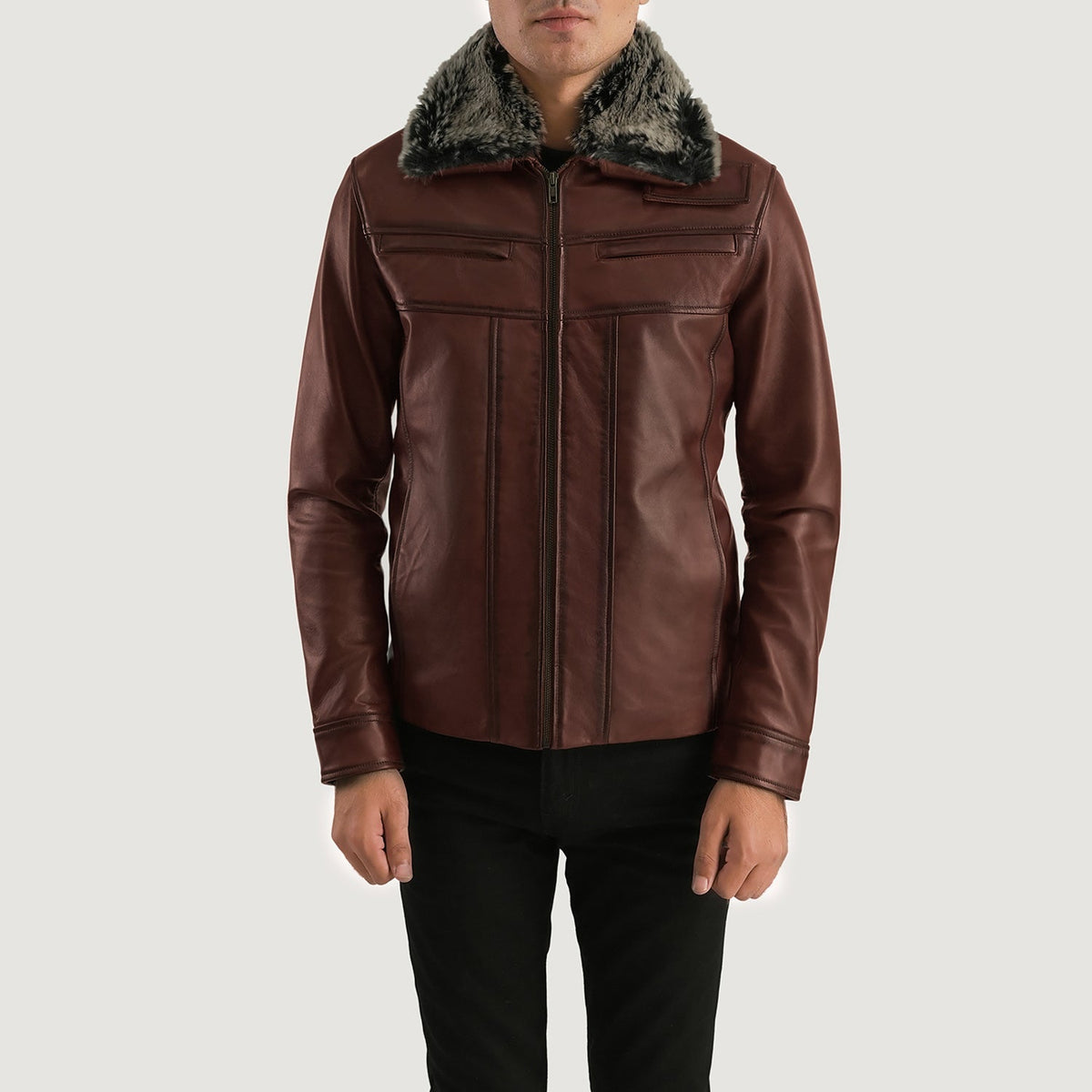 Men's Evan Hart Fur Brun Læderjakke til Mænd in Distressed Brown Sheepskin Burnishing - Front Profile View &amp; Tailored Silhouette | Buy Online