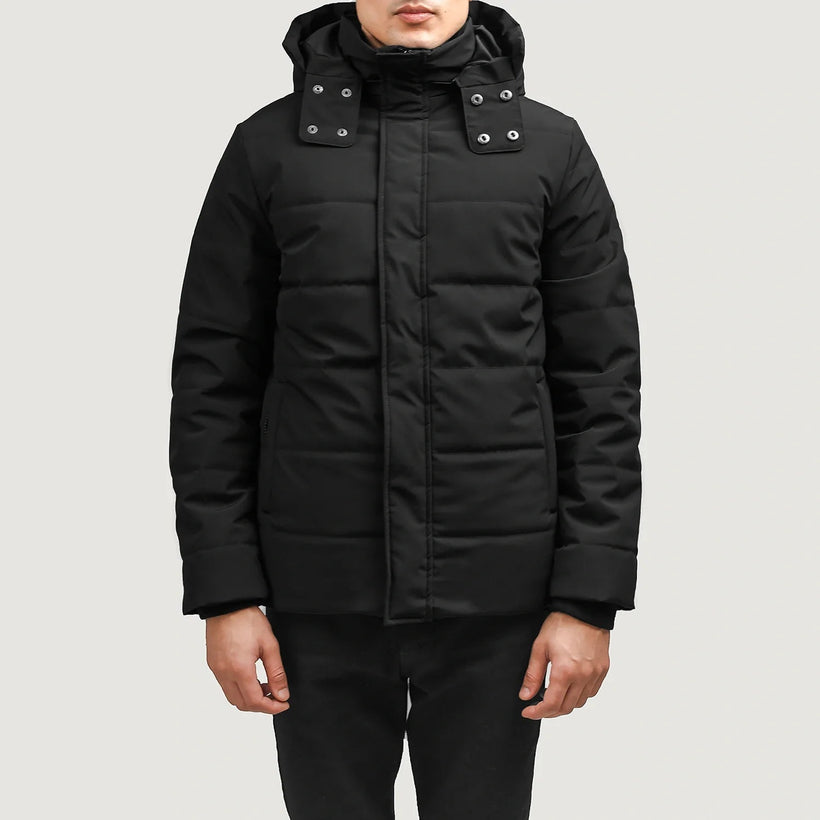 Exton Sort Hooded Down Puffer Læderjakke til Mænd