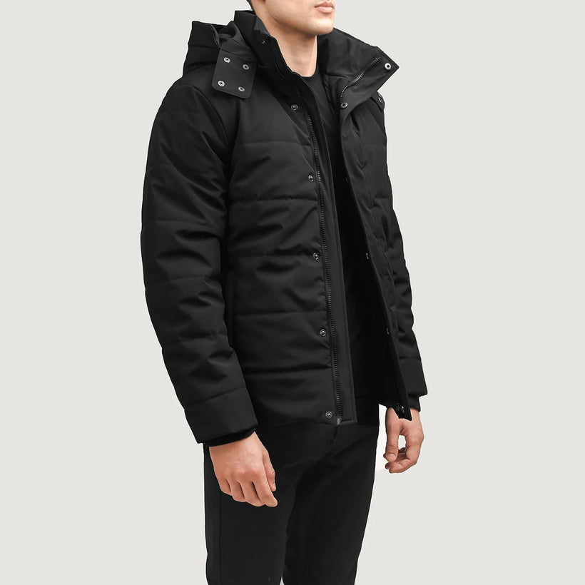 Exton Sort Hooded Down Puffer Læderjakke til Mænd