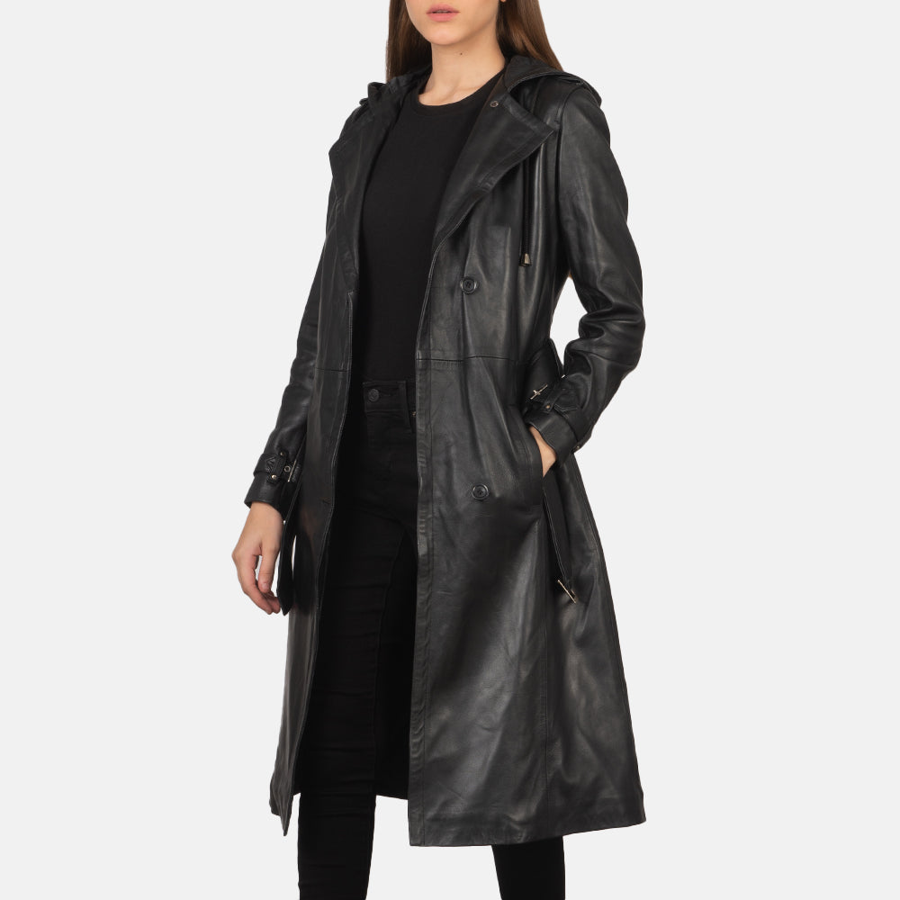 
Fixon Hooded Sort Trenchcoat i Læder til Damer in Black Sheepskin Leather - Forfra med skræddersyet silhuet | Køb online