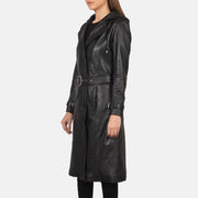 
Nærbillede of Hooded & Button + Belt Hardware on Fixon Hooded Sort Trenchcoat i Læder til Damer