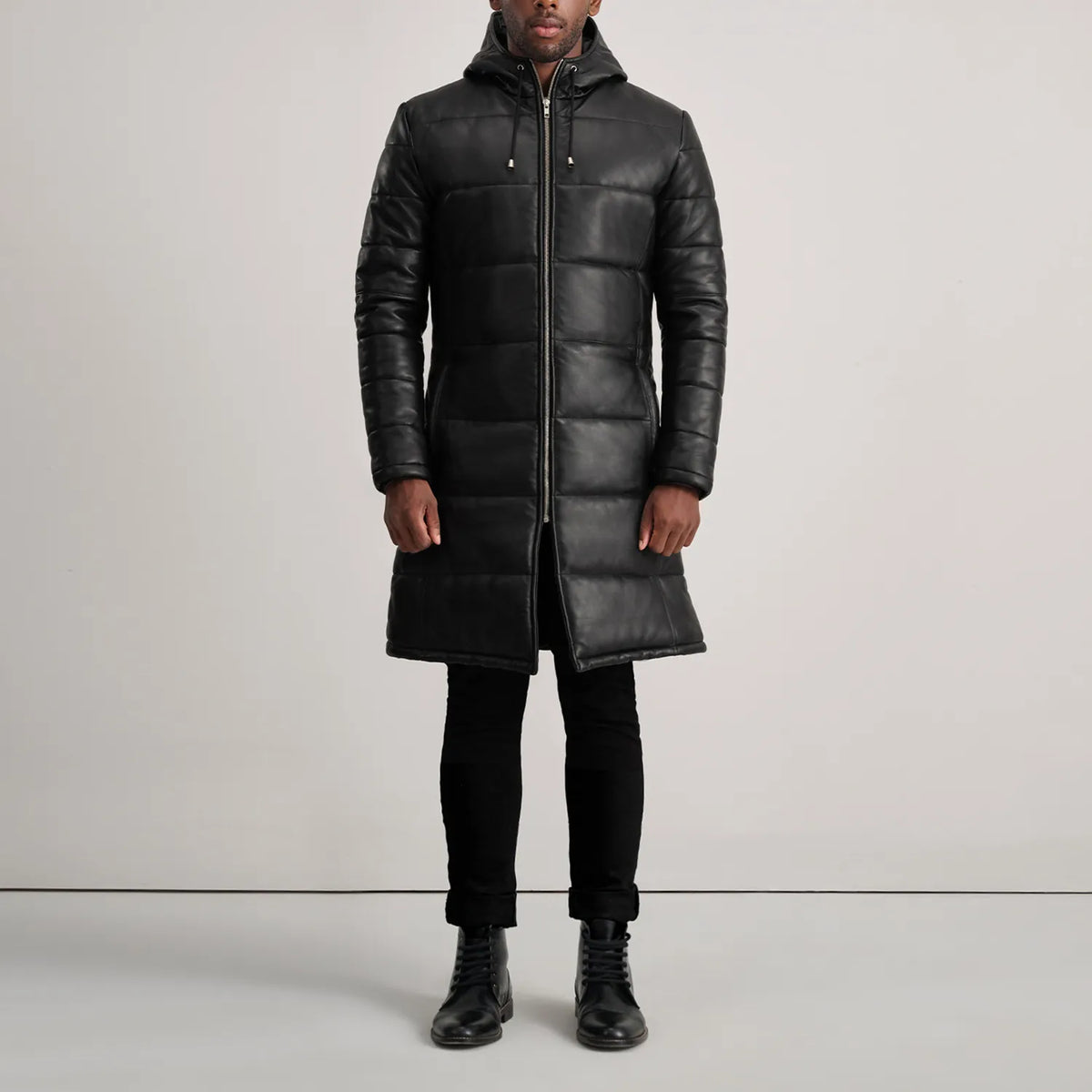 
Floyd Tan Hooded Leather Puffer Coat - Sideprofil med ergonomisk ærmesnit