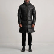 
Floyd Tan Hooded Leather Puffer Coat - Sideprofil med ergonomisk ærmesnit
