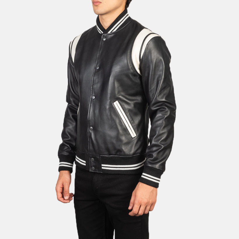 [FS] Dantee Sort Leather Varsity Læderjakke til Mænd