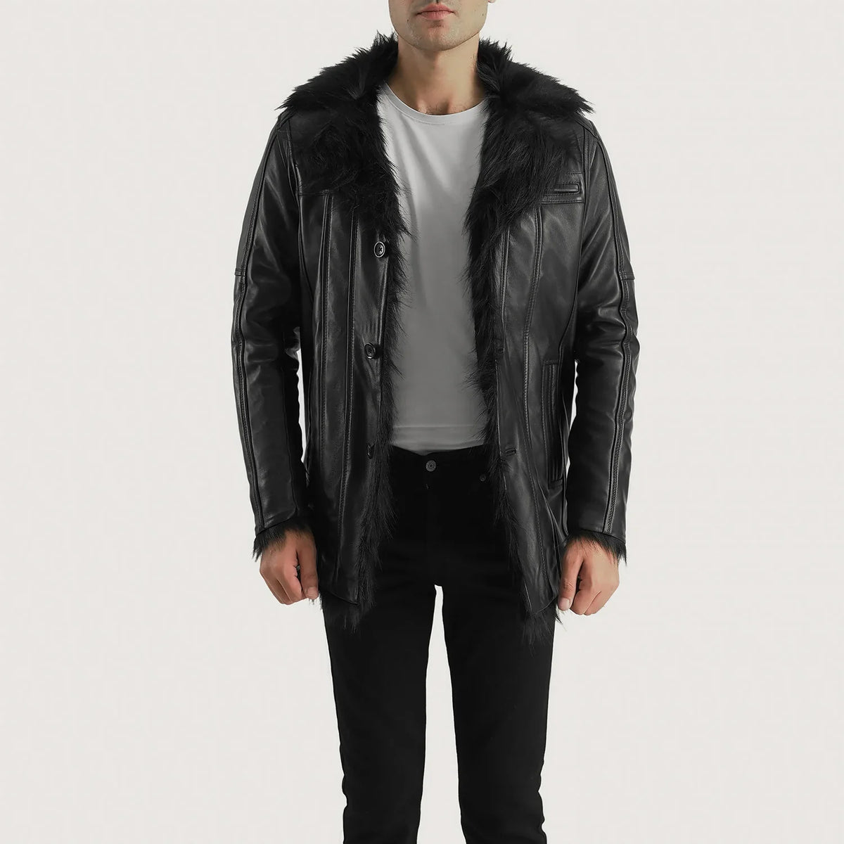 Men's Furcliff Sort Leather Coat til Mænd - Lateral Side Profile View Showing Sleeve Cut &amp; Athletic Taper Fit