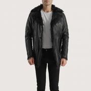 Men's Furcliff Sort Leather Coat til Mænd - Lateral Side Profile View Showing Sleeve Cut &amp; Athletic Taper Fit