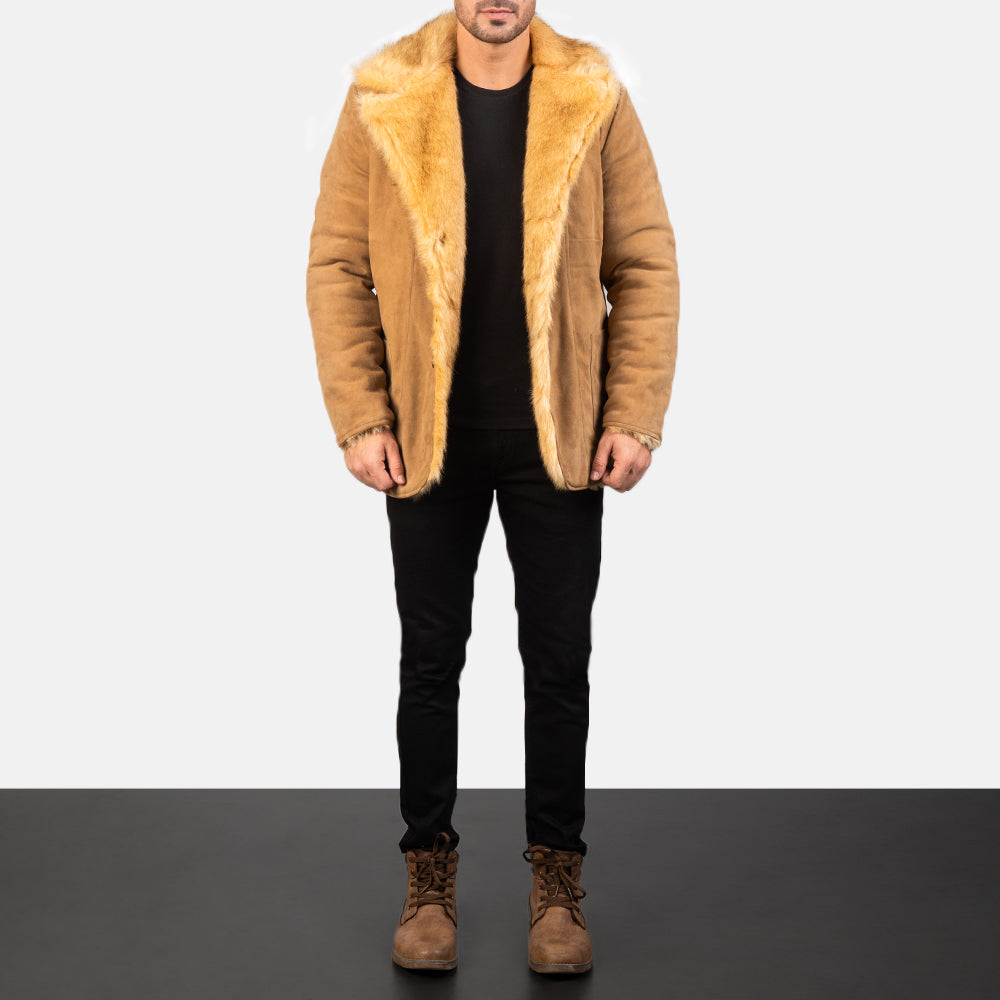 Men's Furlong Beige Leather Coat - Lateral Side Profile View Showing Sleeve Cut &amp; Athletic Taper Fit