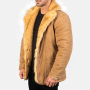 Close-Up Detail of Notch &amp; Button Hardware on Men's Furlong Beige Leather Coat