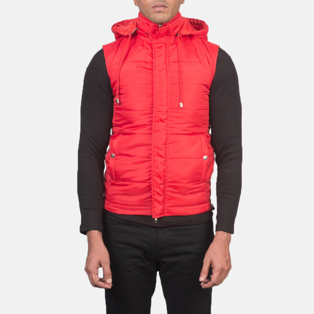 
Nærbillede of Band with Removable Hood & Zipper with dual puller and wind flap Hardware on Fuston Rød Vatteret vest med hætte til Mænd