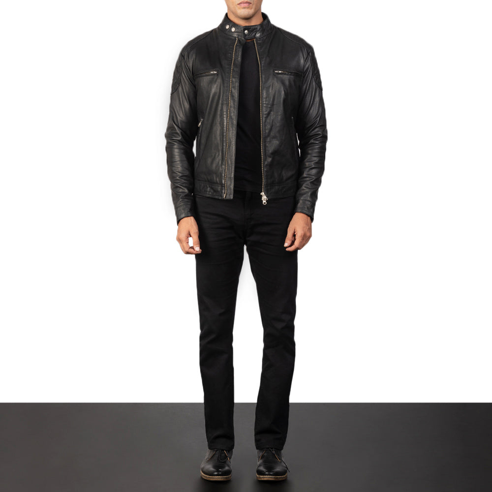 Men's Gatsby Quilted Black Leather Biker Jacket - Lateral Side Profile View Showing Sleeve Cut &amp; Athletic Taper Fit