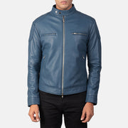Men's Gatsby Quilted Blue Leather Biker Jacket - Lateral Side Profile View Showing Sleeve Cut &amp; Athletic Taper Fit