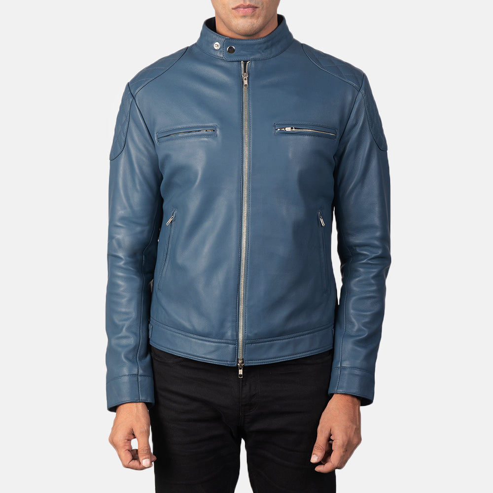 Close-Up Detail of Band with snap buttons &amp; Zipper Hardware on Men's Gatsby Quilted Blue Leather Biker Jacket