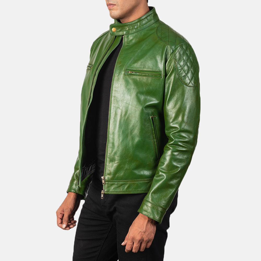 
Green Sheepskin Burnishing Biker Jacket - Bagfra med tilpassede skuldre og ren kant