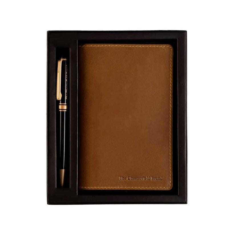 Giftset Leather Writing Case and Pen (Passport holder) in Classic Full-Grain Leather - Front Profile View & Tailored Silhouette | Buy Online