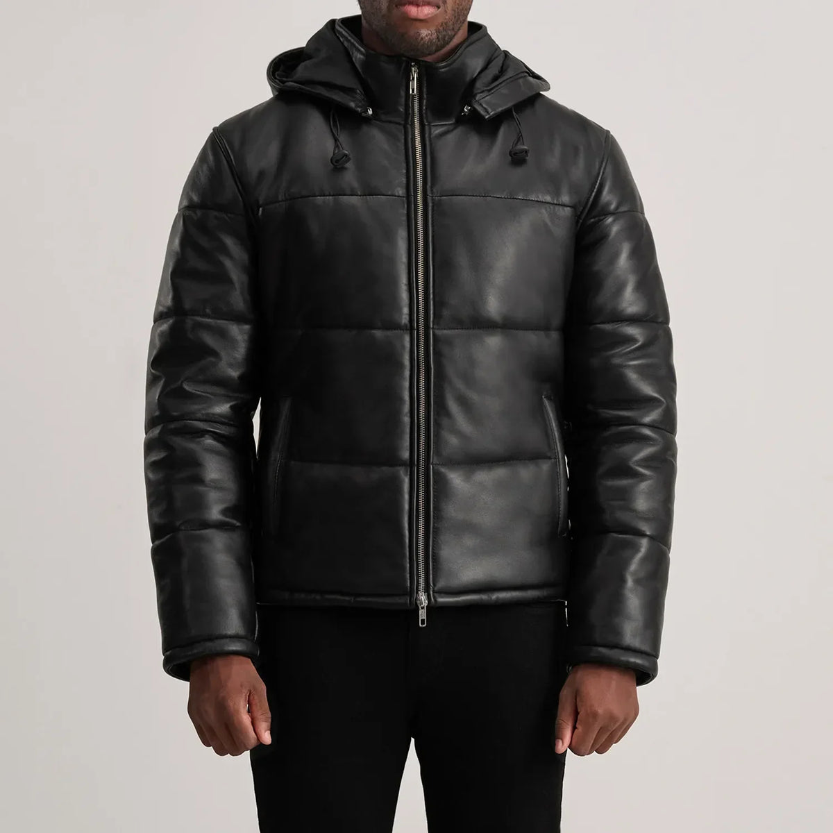 
Nærbillede of High neck & Zipper Hardware on Gordon Tan Hooded Leather Puffer Jacket