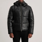 
Nærbillede of High neck & Zipper Hardware on Gordon Tan Hooded Leather Puffer Jacket