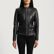 Women's Haley Ray Sort Læder Bikerjakke til Kvinder in Black Sheepskin Leather - Front Profile View &amp; Tailored Silhouette | Buy Online
