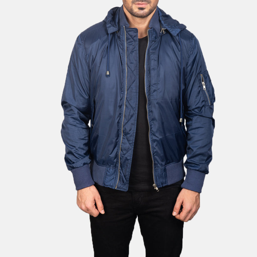 Hanklin MA-1 Blue Hooded Læder Bomberjakke til Mænd
