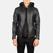 Men's Hector Sort Hooded Læder Bikerjakke til Mænd in Black Cowhide Leather - Front Profile View &amp; Tailored Silhouette | Buy Online