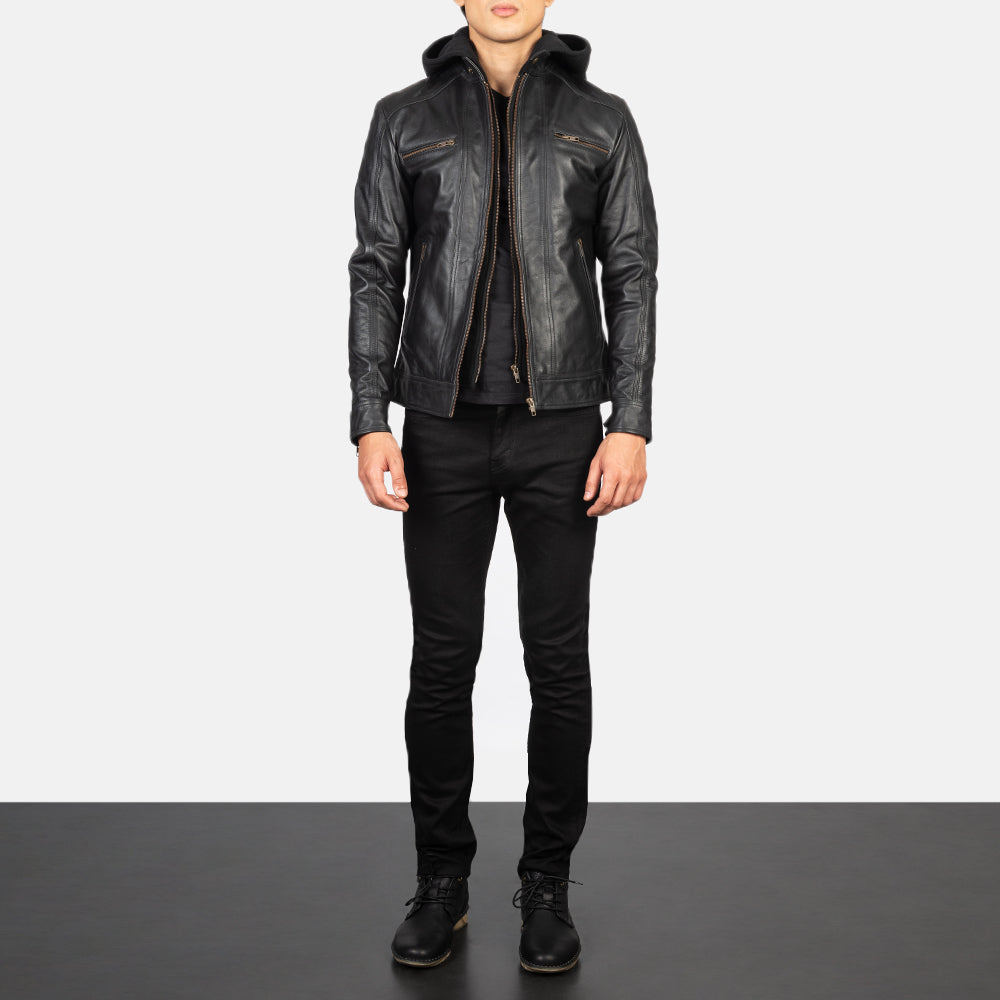 Men's Hector Sort Hooded Læder Bikerjakke til Mænd - Lateral Side Profile View Showing Sleeve Cut &amp; Athletic Taper Fit