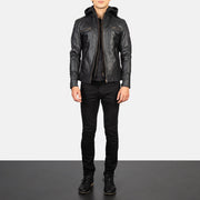 Men's Hector Sort Hooded Læder Bikerjakke til Mænd - Lateral Side Profile View Showing Sleeve Cut &amp; Athletic Taper Fit