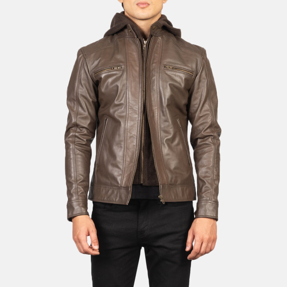 Men's Hector Brun Hooded Læder Bikerjakke til Mænd in Brown Cowhide Leather - Front Profile View &amp; Tailored Silhouette | Buy Online