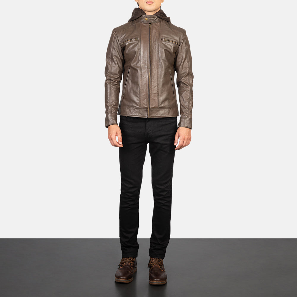 Men's Hector Brun Hooded Læder Bikerjakke til Mænd - Lateral Side Profile View Showing Sleeve Cut &amp; Athletic Taper Fit