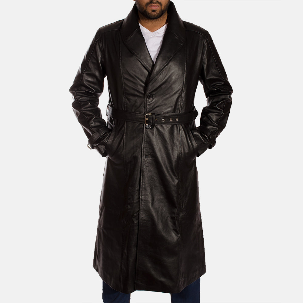 
Black Cowhide Leather Trench Coat - Bagfra med tilpassede skuldre og ren kant