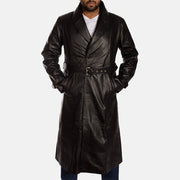 
Black Cowhide Leather Trench Coat - Bagfra med tilpassede skuldre og ren kant